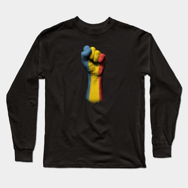 Flag of Romania on a Raised Clenched Fist Long Sleeve T-Shirt by jeffbartels
